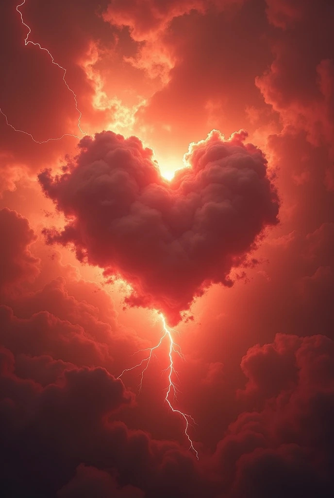 Glowing sky in red tone with a heart shaped cloud coming out of a lightning bolt
