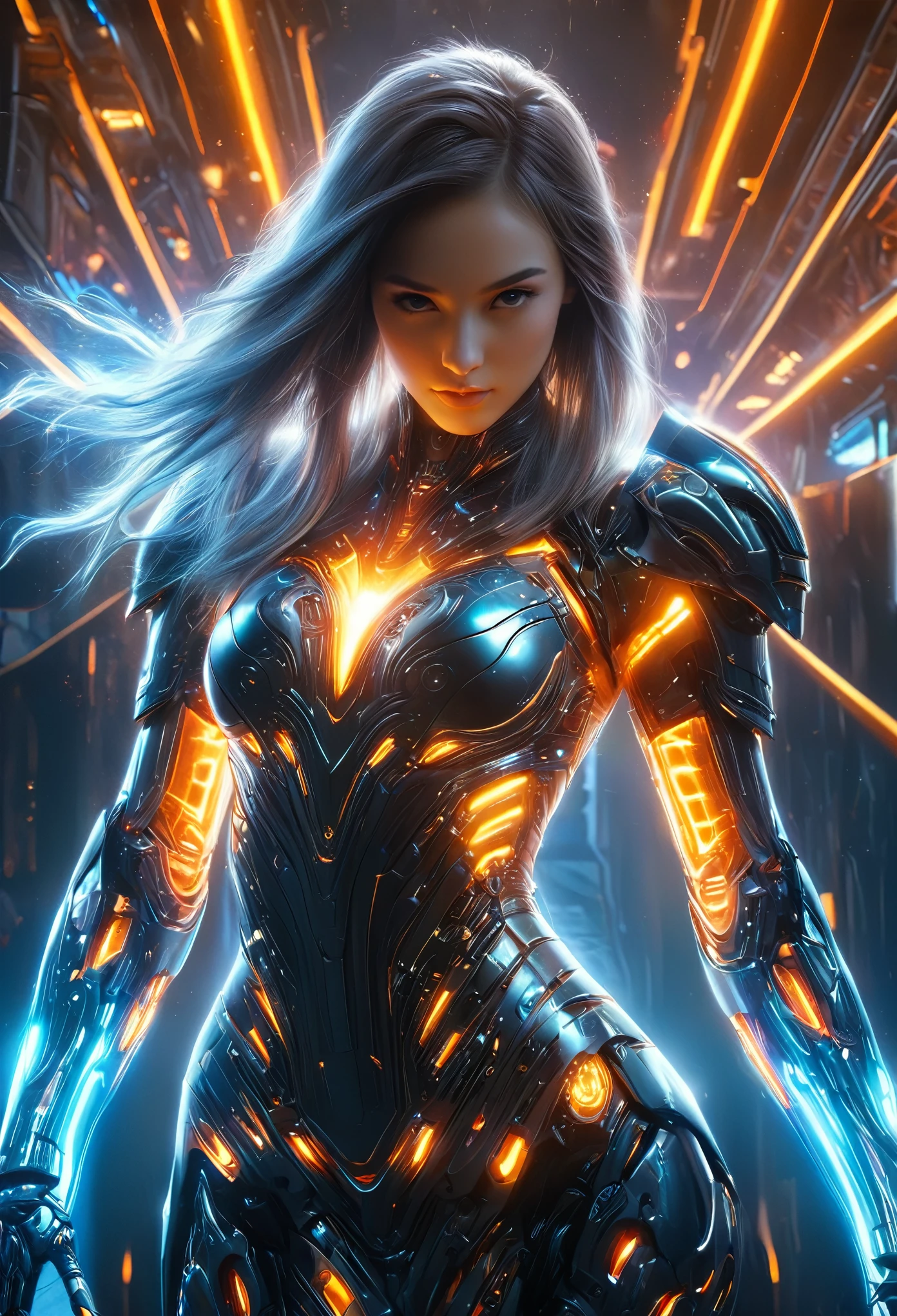 (Best Quality, 4K, 8K, High Resolution, Masterpiece: 1.2), (Super Detailed, Realistic, Photorealistic:1.37), A woman in futuristic clothing, (erotic and sexy:1.4), Trending on cgstation, Trending on cgstation, (Portrait of a girl in the Knights of the Zodiac:1.4), (blunt bangs:1.7), Cute Cyborg Girl, Perfect android girl, Portrait Astronaut Girl, Beautiful girl cyborg, Girl wearing iridescent and orange mechanical cyber armor, Game CG, cgsociety and fenghua zhong, Beautiful Cyborg Shrine Maiden, Bioluminescence, (Gal Gadot:0.6), Anatomically correct grip,  Anatomically correct grip, (Sharp and long claws:1.4), erotic and sexy, black, wearing A gorgeous cape with beautifully detailed embroidery