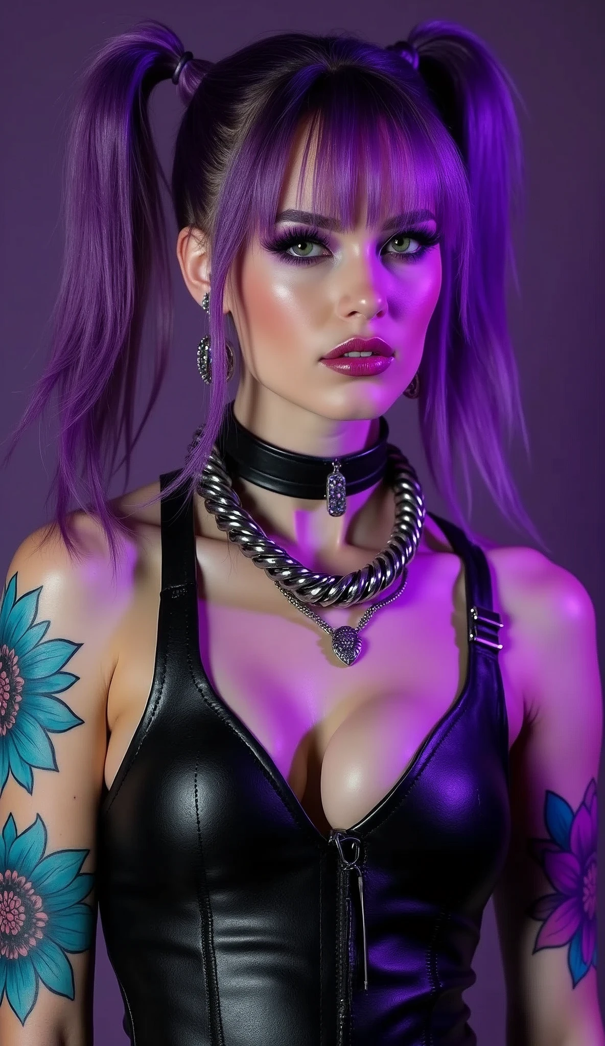 A striking and edgy image of a futuristic woman with vibrant purple hair styled in high ponytails, exuding a sense of confidence and power. Her makeup is bold, with matching purple eyeshadow and lipstick that complements her intense gaze. She is dressed in a sleek, shiny black leather top that enhances her fierce appearance. Her arms are adorned with intricate, vibrant tattoos of large flowers in shades of blue and purple, adding a touch of artistry to her otherwise tough persona. The background is a deep, dark violet, which further emphasizes the vivid colors of her hair and tattoos, creating a captivating and dynamic contrast. The lighting is soft but focused, highlighting her features and the details of her attire and body art.
(((futuristic punk warrior))), close-up shot, dramatic lighting, dark violet background BREAK ((best quality:1.6)), ((high details:1.5)), ((highres:1.5)), ((4K:1.5)), ((vibrant colors:1.3)), ((sleek leather:1.3)) BREAK inspired by the styles of Greg Rutkowski | Artgerm | Pascal Blanche | Stanley Artgerm Lau.