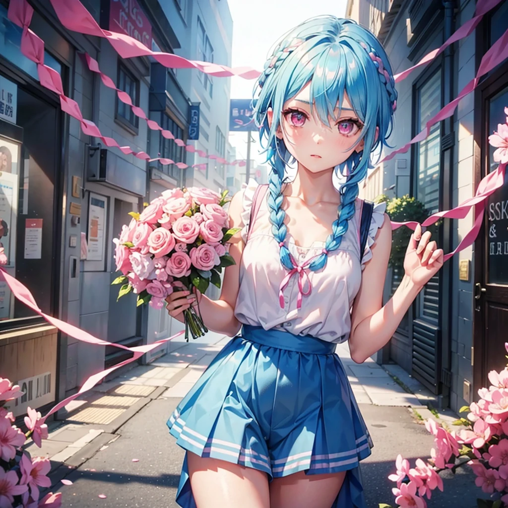 (Sky blue hair),(Braided Short Hair), (Pink Eyes),Fair skin) ,(whole body),(one person&#39;s),(Embarrassing),(The background is a school classroom,blackboard),(Heart-shaped chocolate),(I will pass it forward with both hands.),(Sailor suit),(Valentine's Day),(masterpiece, 最high quality, Very detailed, Best Shadow), (Detailed Background), (Beautifully detailed face), High Contrast, (Best lighting, Very delicate and beautiful), ((Cinematic Light)), Hyper Detail,8k, Dramatic Light, Intricate details,high quality