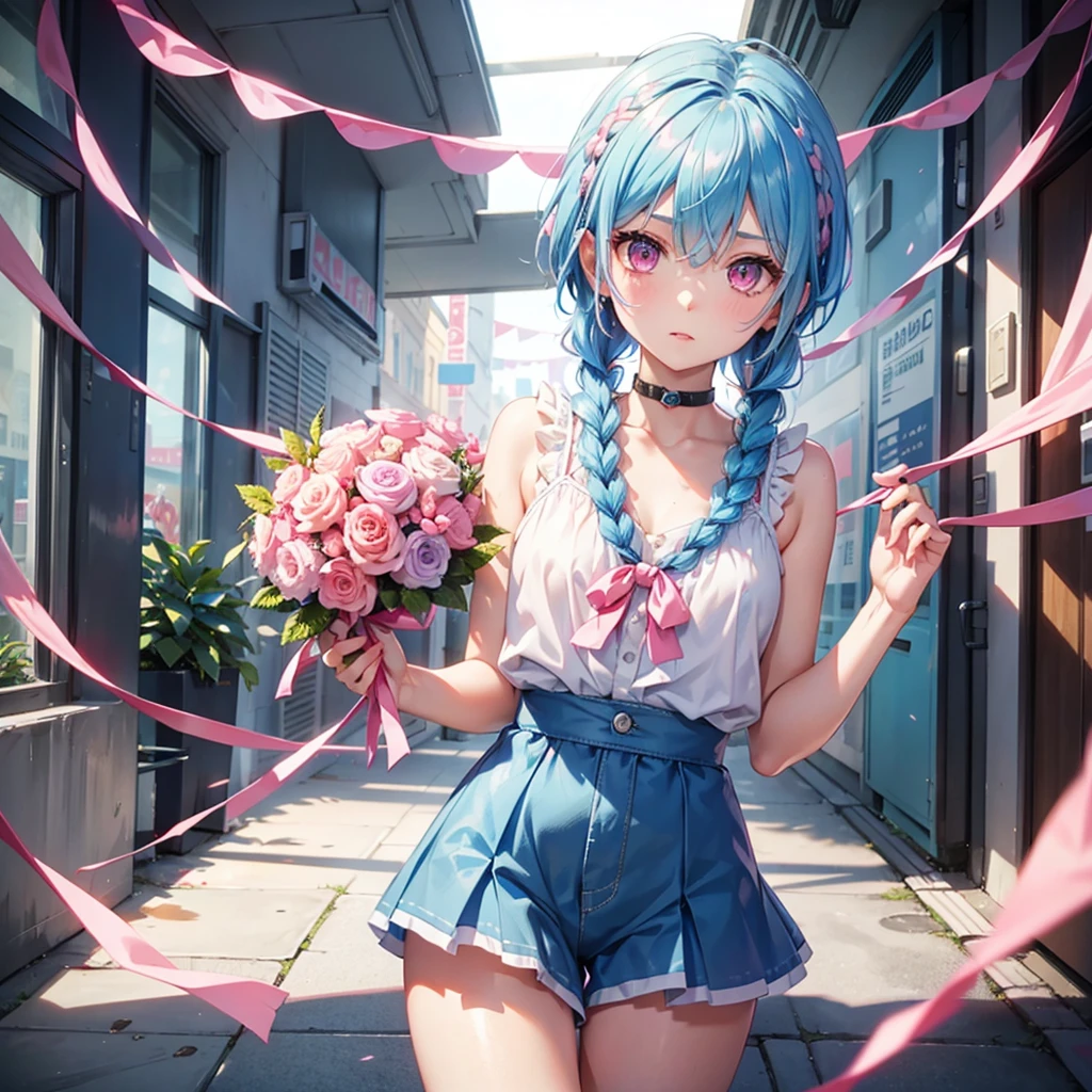 (Sky blue hair),(Braided Short Hair), (Pink Eyes),Fair skin) ,(whole body),(one person's),(Embarrassing),(The background is a school classroom,blackboard),(Heart-shaped chocolate),(I will pass it forward with both hands.),(Sailor suit),(Valentine's Day),(masterpiece, 最high quality, Very detailed, Best Shadow), (Detailed Background), (Beautifully detailed face), High Contrast, (Best lighting, Very delicate and beautiful), ((Cinematic Light)), Hyper Detail,8k, Dramatic Light, Intricate details,high quality