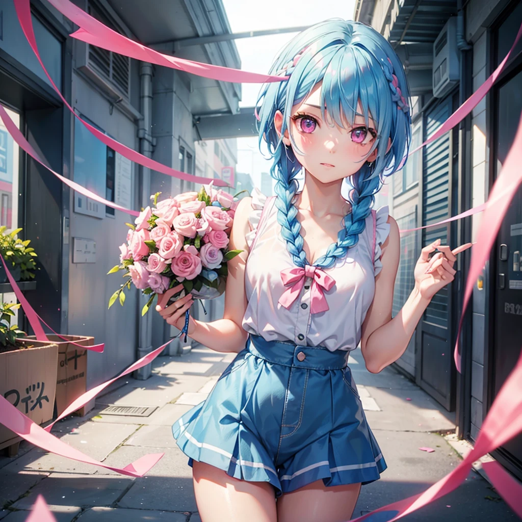 (Sky blue hair),(Braided Short Hair), (Pink Eyes),Fair skin) ,(whole body),(one person's),(Embarrassing),(The background is a school classroom,blackboard),(Heart-shaped chocolate),(I will pass it forward with both hands.),(Sailor suit),(Valentine's Day),(masterpiece, 最high quality, Very detailed, Best Shadow), (Detailed Background), (Beautifully detailed face), High Contrast, (Best lighting, Very delicate and beautiful), ((Cinematic Light)), Hyper Detail,8k, Dramatic Light, Intricate details,high quality
