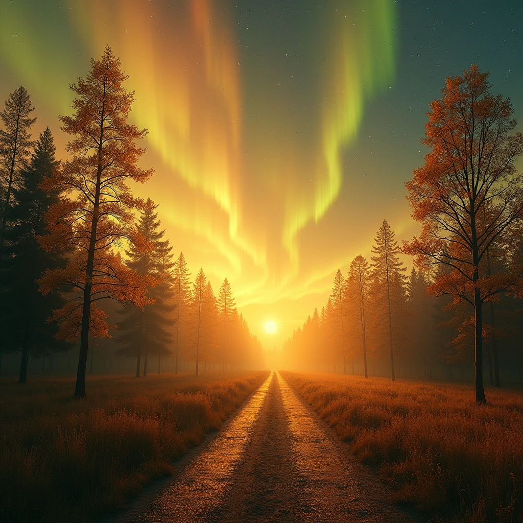 gentle under the golden aurora、Ground and trees々bathed in warm golden light、An ethereal glow、Magical、the sky is filled with swirling golden aurora、surreal and captivating atmosphere、the path appears soft and inviting、deeply drawn into a dreamlike wonderland。