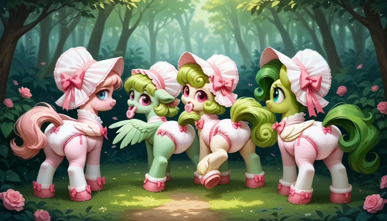 pony, Pegasus, adult filly, emerald green fur, a lush mane, gathered in a light pink bonnet, fluffy tail with a pink bow, stands on four hooves, rear hooves spread wide apart, dressed in a pink bodysuit and pink booties, pink pacifier in mouth, solo, thick light pink diaper under clothes.