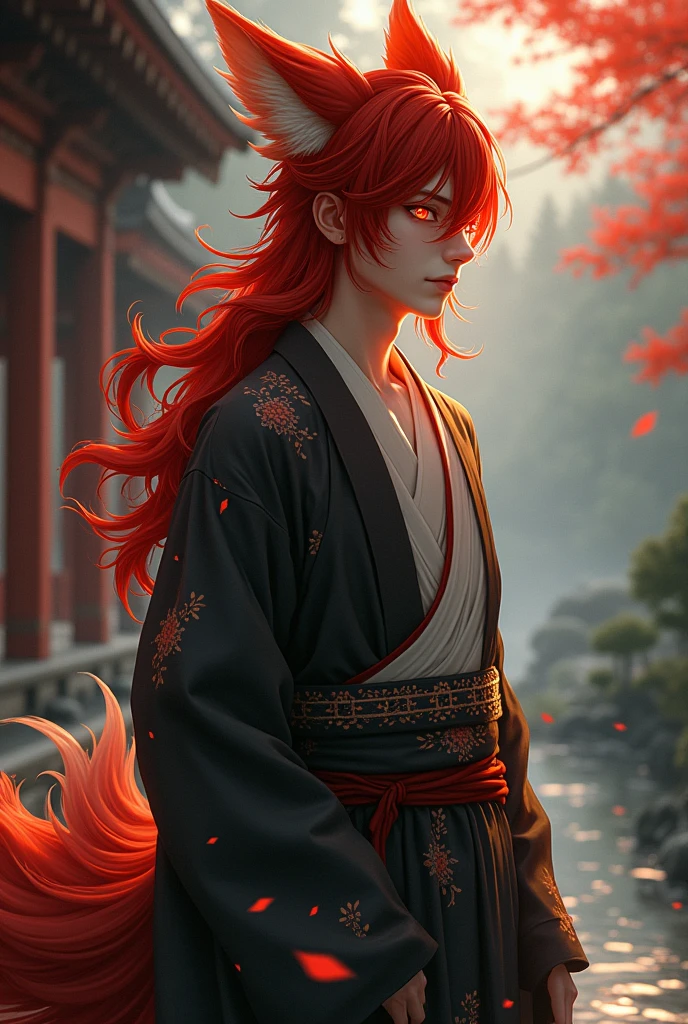 Create a 20-year-old man who is 1,76, who has long red hair and red eyes, who wears Japanese clothing and is a kitsune