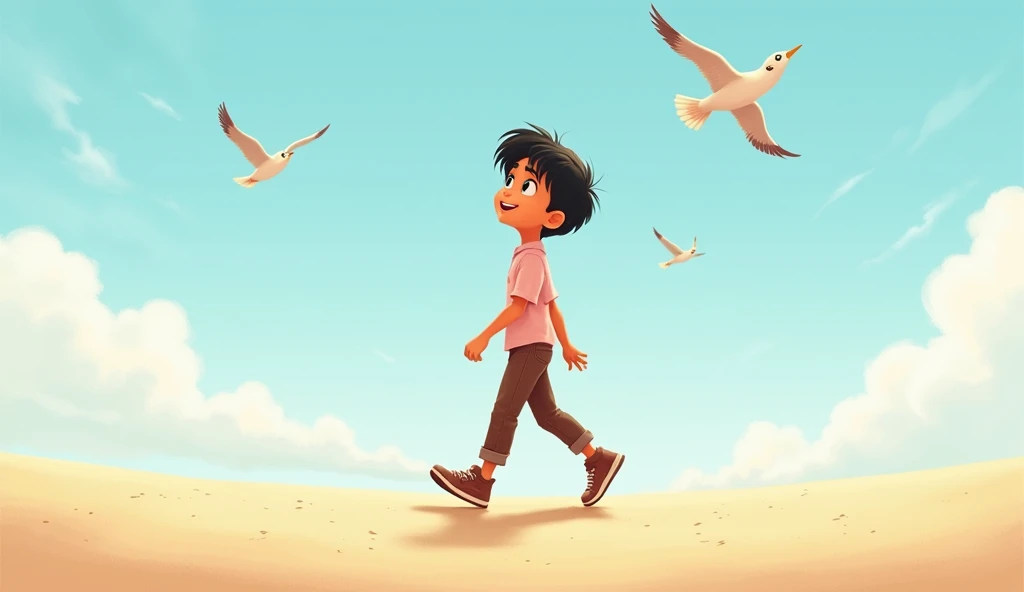 Ali walking along the beach with a smile, looking up at the sky where other birds are flying.
Ali is a 12 year old  with black hair, wearing light pink shirt and brown jeans.