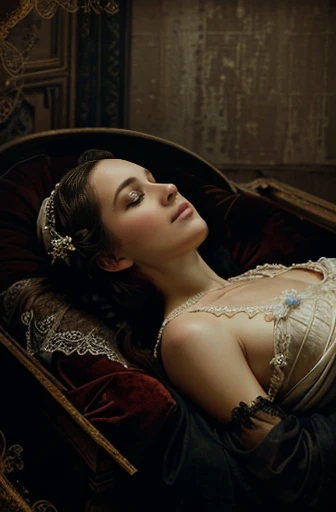 This carefully crafted Victorian memento mori photograph is a remarkable discovery., A young and beautiful Virgin Mary dressed in a pure white gown, beautifully adorned with black lace and withered blooms. The ethereal beauty,、lying in a luxuriously decorated, velvet-draped coffin。, surrounded by a faded bouquet, embodies the desolation of a death's embrace. This image exudes an antiquated feel, the allure of the antique, The delicate sepia tones and subtle blue hues. The melancholic and introspective mood pervading the photograph、reflects the essence of the art of memento mori。