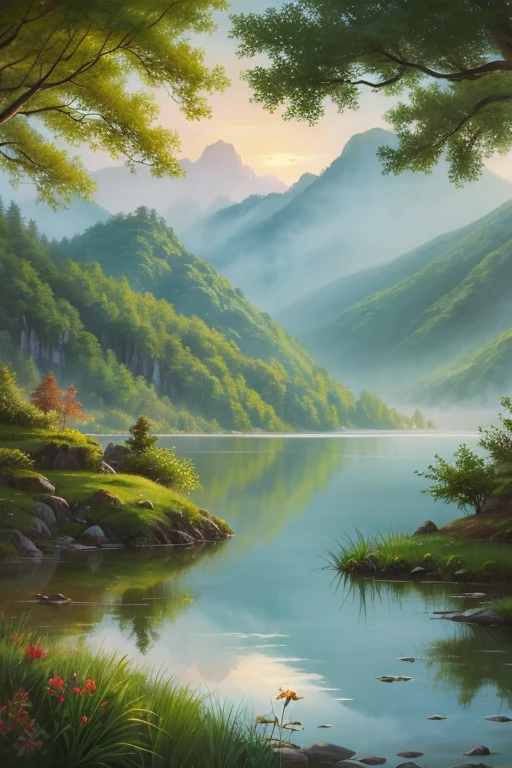 Highest quality、Landscape painting、Tranquil lakeside scenery、Foggy、dim