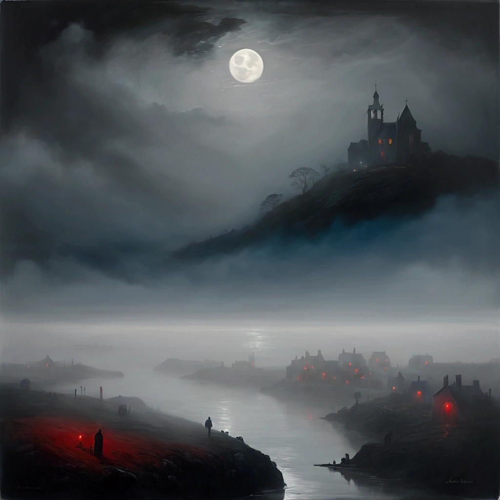 ((Shrouded in thick fog island)), atmospheric mysterious landscape, fantastic moody weather, dramatic lighting, cinematic composition, ethereal vibe, moon, deep blues and grays, fantasy art, concept art, (oil painting), Black and White, poor visibility, (Inspiration comes from:James Ensor),Red light