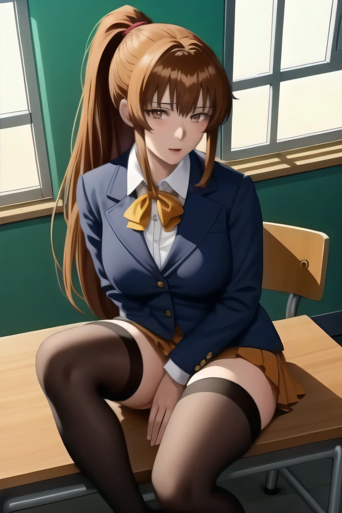 (masterpiece, high quality:1.2), intricate detailed,
MiyukiHara, teacher, mature female, 1girl, sitting on table,
looking at viewer, determined, teeth,
brown hair, long hair, ponytail, brown eyes,
blue jacket, shirt, yellow skirt, thighhighs, 
large breasts, thighs,
room, school, desk, indoors, window,sucking a big dick
