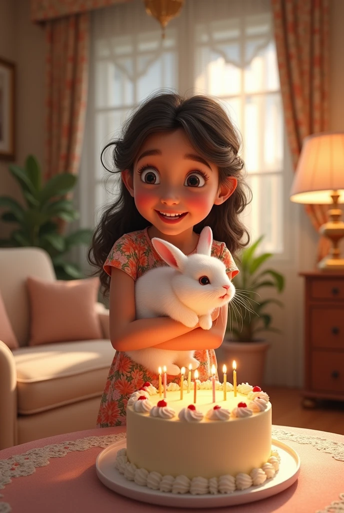 A  girl having name " shehla SABIR * print on cloths is happy and playing with rabbit and birthday cake in beautiful room