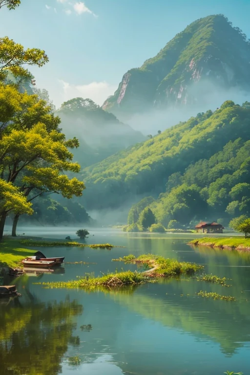 Highest quality、Landscape painting、Tranquil lakeside scenery、Foggy、dim