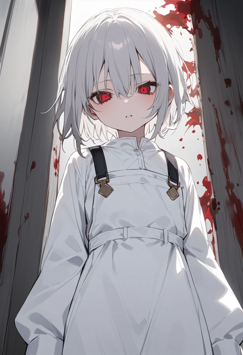 her dark expression、、small、Gray Hair、White clothes、Poor body、Bloodstained、albino、Long white hair、シンプルなWhite clothes、Overall white、Pure white clothes