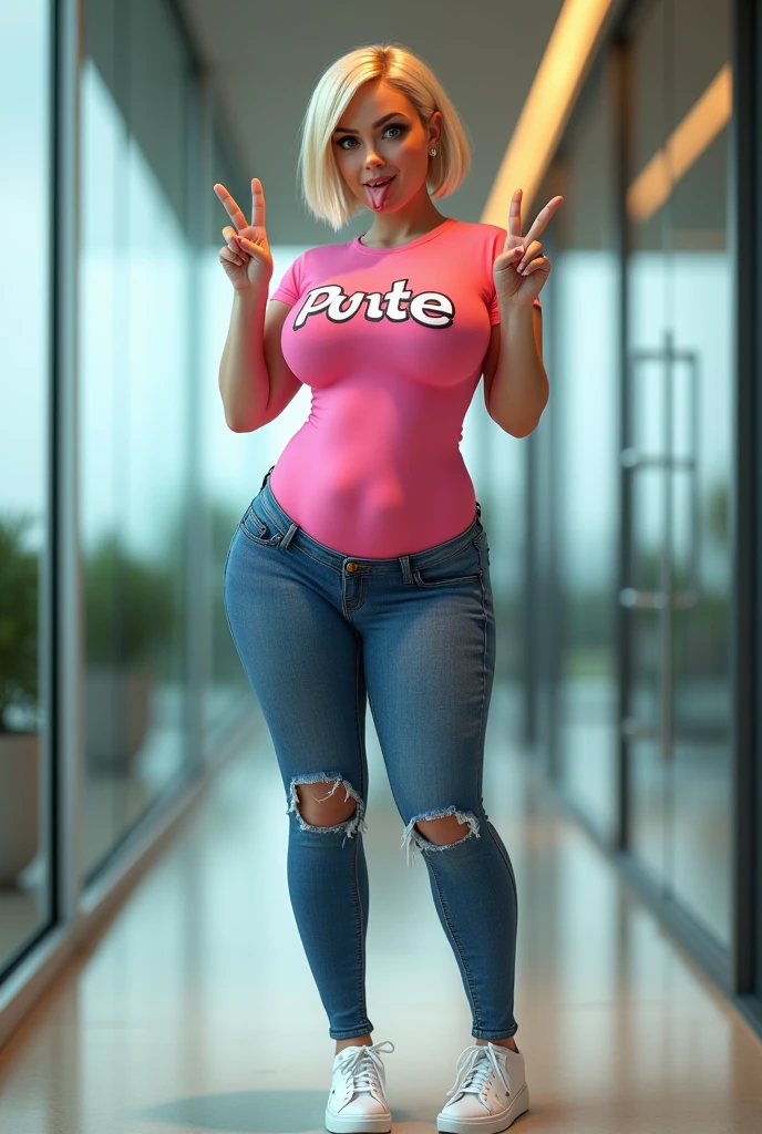 Real women, she is Blonde with short hair, she has an hourglass figure, she has a surreal, -like physique, with exaggerated curves that showcase large buttocoluminous breasts and shim
in a modern office, with glass walls and contemporary decor
dressed in a vibrant pink t-shirt emblazoned with “Pute” in fun letters, adding a touch of lightness and humor to her look
figure-hugging skinny jeans, paired with white-heeled sneakers for a dynamic look
the camera captures her from head to toe, revealing her slender legs and casual yet fun style
smiling, she squints slightly, sticking out her tongue with a mischievous expression that evokes joy and confidence
making the “V” sign of peace with each of her hands, adding a playful dimension to her pose