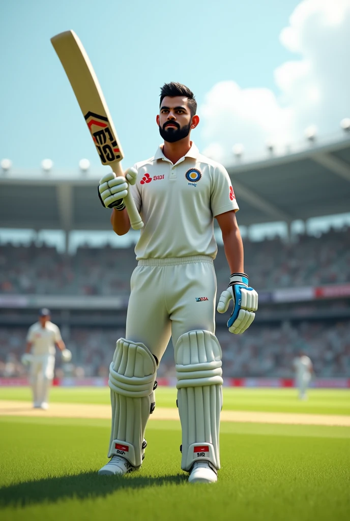 Generate an image of a virat kohli, athletic male cricket player. He should have a medium complexion with short black hair and a neatly trimmed beard. The player is wearing a plane white test jersey with no logo, holding a cricket bat, and standing on a cricket field with a stadium in the background. The scene should capture the intensity of a live match, with the player focused and ready to bat, under bright daylight, with a crowd of fans cheering in the background