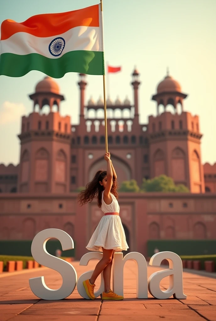 A girl holding the Indian flag proudly in one hand, standing in front of the Red Fort. On the side, the name 'Sana' is written in large, transparent letters, creating a patriotic and vibrant 3D scene ultra realistic photography hd 32K