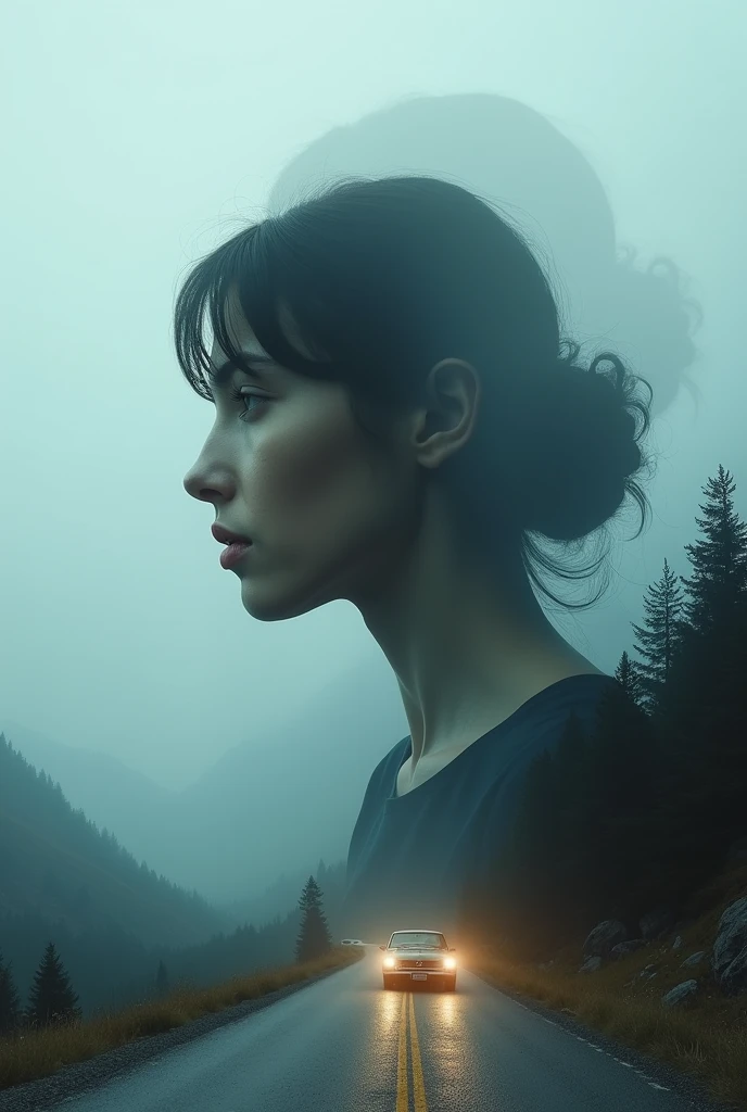 In the mountains in thick fog, a road, a median line, an old car, the weak light of headlights, multiple exposures of a sad woman profile,