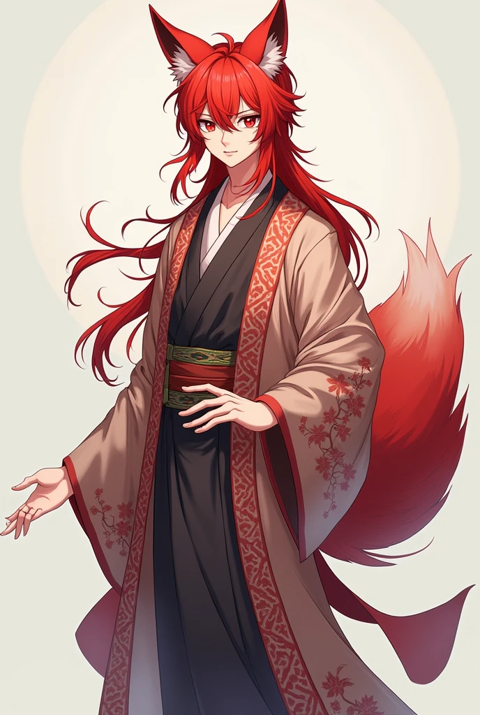 Create a 20-year-old man who is 1,76, who has long red hair and red eyes, who wears Japanese clothing and is a kitsune, full body, anime