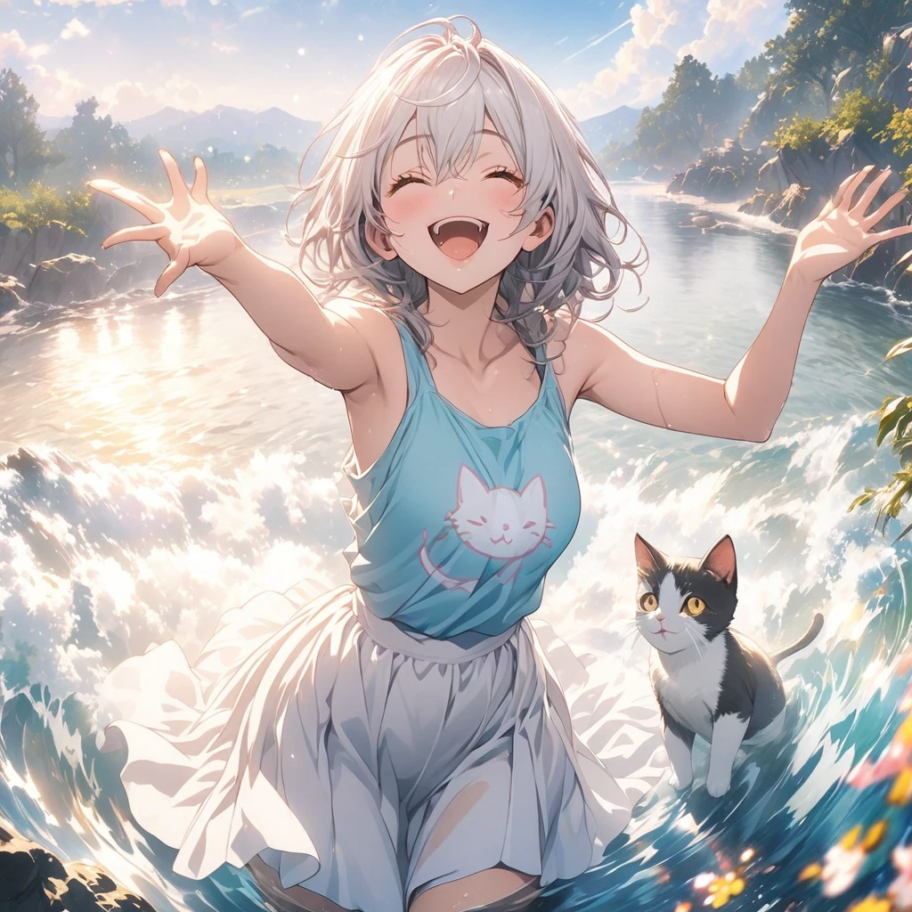 masterpiece, Highest quality, Highly detailed CG Unity 8k wallpaper, High School Girl Anime Illustration. Wear an oversized tank top、arms raised in the airポーズをする、she has her eyes closed and mouth open, smile. The background is a light pastel colored landscape., white hair color, Yellow Eyes, Cowboy Shot、Kitten smiling and looking up at girl, Taking a bath, Realistic depiction of water