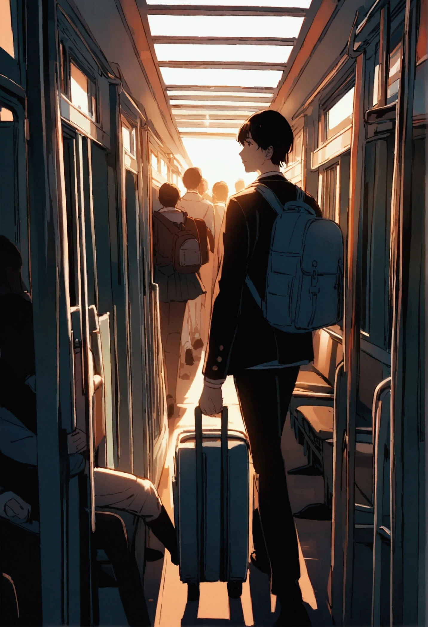 A person walks on a school bus with his backpack and people sitting on chairs