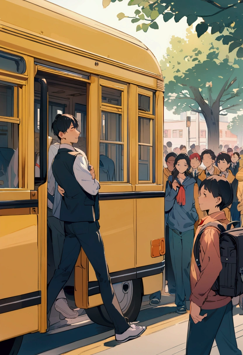A person walks on a school bus with his backpack and people sitting on chairs