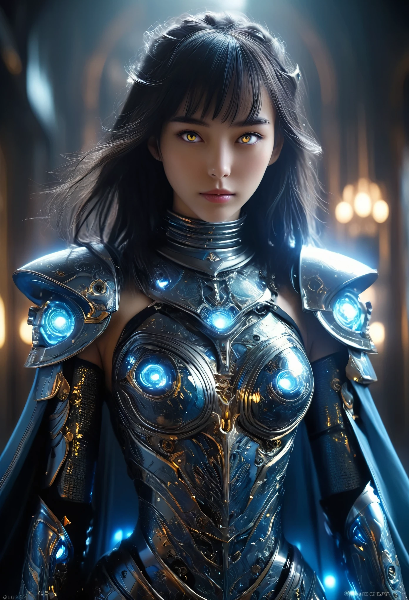 (Best Quality, 4K, 8K, High Resolution, Masterpiece: 1.2), (Super Detailed, Realistic, Photorealistic:1.37), A woman in futuristic clothing, Trending on cgstation, Trending on cgstation, (Portrait of a girl in the Knights of the Zodiac:1.4), blunt bangs, Cute Cyborg Girl, Perfect android girl, Portrait Astronaut Girl, Beautiful girl cyborg, (Girl wearing iridescent and blue black mechanical cyber armor:1.3), Game CG, cgsociety and fenghua zhong, Beautiful Cyborg Shrine Maiden, Bioluminescence, (Yua Yaiba:0.5), (Golden eyes:1.5), Anatomically correct grip, (Sharp and long claws:1.4), erotic and sexy, black, wearing A gorgeous cape with beautifully detailed embroidery