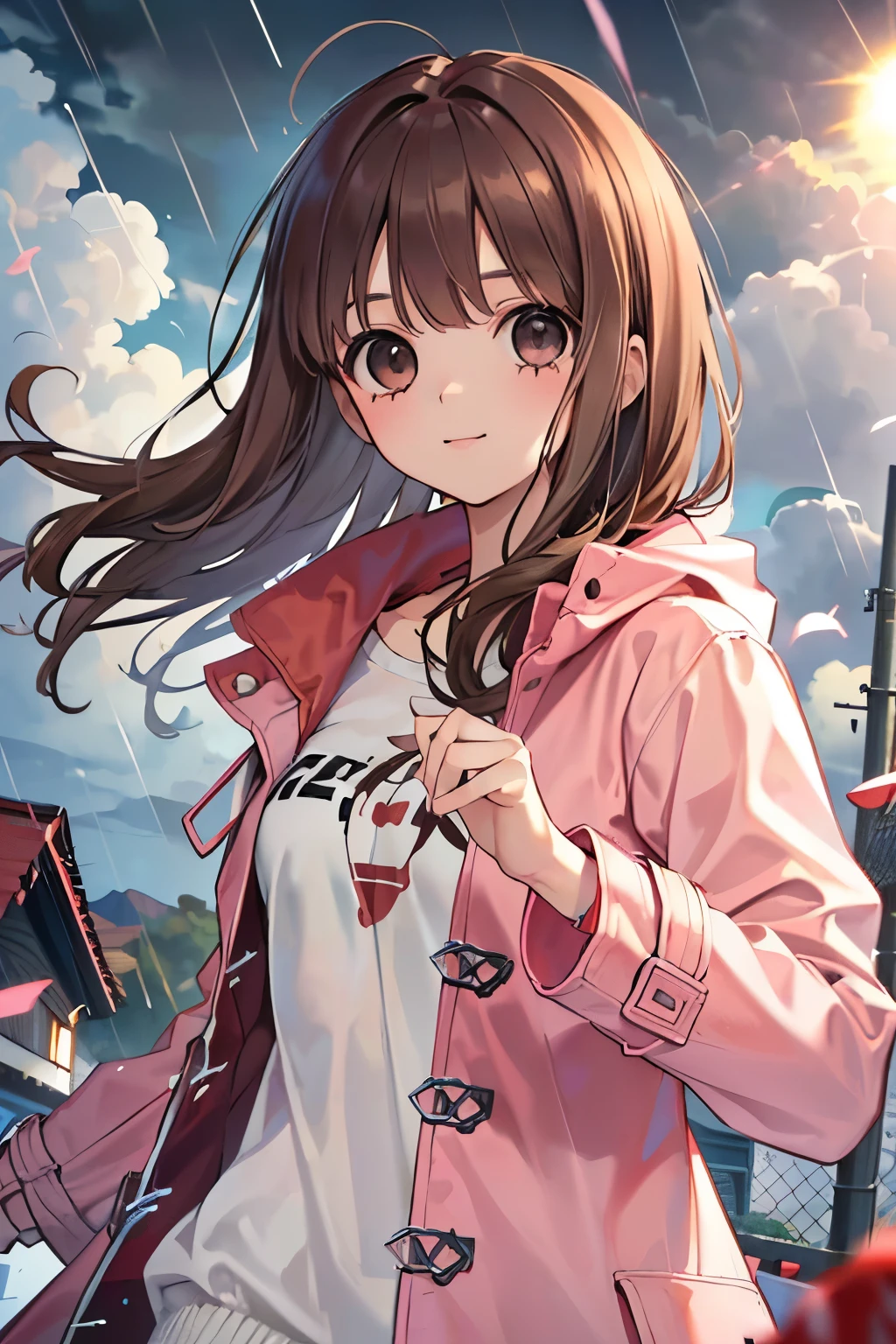 beautiful cute girl,((brown hair:1.2)),(Medium wave hair:1.1),(beige eyes:1.2),(clear pink rain-coat:1.25),(hurricane:1.2),(heavy rain:1.2),(My hair and coat are swaying in the strong winds of a typhoon:1.3),close-up Face,smile