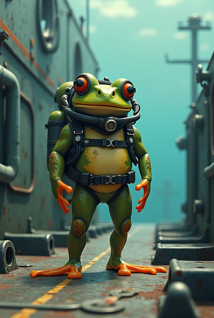 Dessin d'une grenouille en tenue de plongeur sur un bateau militaire