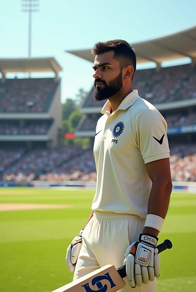 Generate an image of a virat kohli, athletic male cricket player. He should have a medium complexion with short black hair and a neatly trimmed beard. The player is wearing a plane white test jersey with no logo, holding a cricket bat, and standing on a cricket field with a stadium in the background. The scene should capture the intensity of a live match, with the player focused and ready to bat, under bright daylight, with a crowd of fans cheering in the background