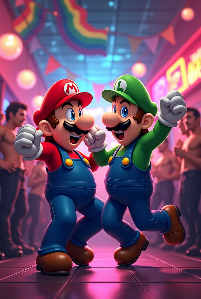 Mario and Luigi drinking beer and alcohol while dancing at a gay bar