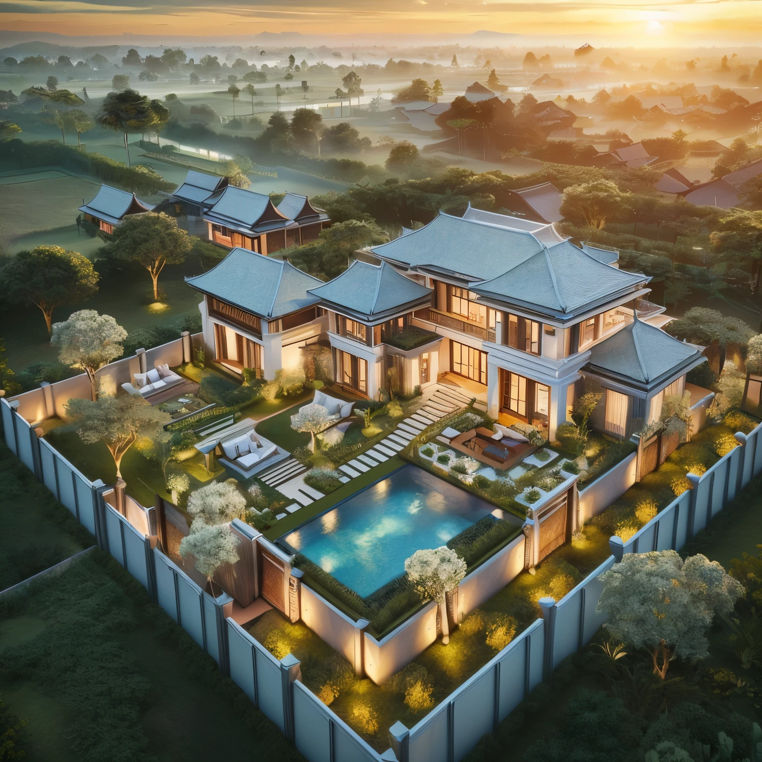 a rendering of a luxury home with a pool and a garden, beautiful render of tang dynasty, architectural rendering, architectural visualization, architectural render, architectural visualisation, bali, cg rendering, lumion rendering, high quality rendering, beautiful rendering, by Li Zai, architectural 3 d render, breathtaking render, a photorealistic rendering, precise architectural rendering, realistic rendering