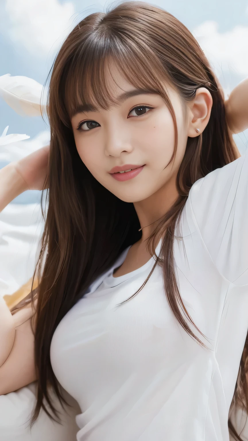 (The beauty of a woman making love in bed:1.6)、More skin, look, Brown eyes, (Light brown bangs:1.2),Braided hair、Long-haired person、(Realistic:1.4), Shadow、(Best image quality:1.0), (Ultra-high resolution:1.0), 8k, RAW Photos, (masterpiece), (Dealing with Children),(A woman who challenges the golden ratio:1.5)、Thin eyebrows、Fine ears、Detailed nose、Mouth Details、break,(White T-shirt:1.5), break HA、(Big Breasts), smile, Bright lighting, Sexy pose、(Right in front of you:1.5)、(Many small white feathers flying in the sky:1.4)
