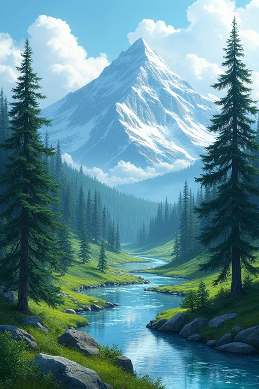 Landscape with mountains, stream, pine trees and clouds