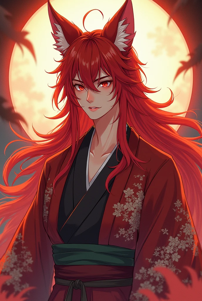 Create a 20-year-old man who is 1,76, who has long red hair and red eyes, who wears Japanese clothing and is a kitsune, full body, anime