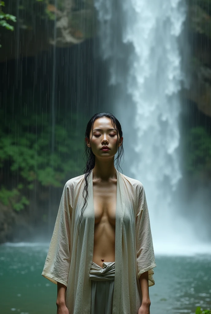 Let's take the example of a woman standing under a waterfall and receiving spiritual training., The wet kimono clings to the body, revealing transparent skin... Capture the quiet and reflective atmosphere of the scene, The woman's closed eyes and serene expression reveal her mental, Conveys a deep focus and dedication to physical training.. Use a calming color palette to enhance the tranquility of your surroundings.., The waterfall pouring down from the rocky cliff and the surrounding foliage adds to the natural beauty and sense of isolation... Note the details of the woman's wet kimono., With complex patterns and folds, And the soft play of light and shadow on her skin.. Describe the water droplets falling from her hair and the mist rising from the water., Creates a feeling of movement and energy in the image.. Overall, I create images that represent the transformative power of nature and the inner strength of women on a spiritual journey...