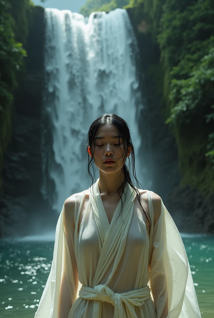 Let's take the example of a woman standing under a waterfall and receiving spiritual training., The wet kimono clings to the body, revealing transparent skin... Capture the quiet and reflective atmosphere of the scene, The woman's closed eyes and serene expression reveal her mental, Conveys a deep focus and dedication to physical training.. Use a calming color palette to enhance the tranquility of your surroundings.., The waterfall pouring down from the rocky cliff and the surrounding foliage adds to the natural beauty and sense of isolation... Note the details of the woman's wet kimono., With complex patterns and folds, And the soft play of light and shadow on her skin.. Describe the water droplets falling from her hair and the mist rising from the water., Creates a feeling of movement and energy in the image.. Overall, I create images that represent the transformative power of nature and the inner strength of women on a spiritual journey...