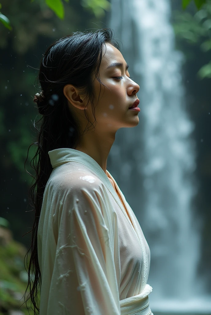 Let&#39;s take the example of a woman standing under a waterfall and receiving spiritual training., The wet kimono clings to the body, revealing transparent skin... Capture the quiet and reflective atmosphere of the scene, The woman&#39;s closed eyes and serene expression reveal her mental, Conveys a deep focus and dedication to physical training.. Use a calming color palette to enhance the tranquility of your surroundings.., The waterfall pouring down from the rocky cliff and the surrounding foliage adds to the natural beauty and sense of isolation... Note the details of the woman&#39;s wet kimono., With complex patterns and folds, And the soft play of light and shadow on her skin.. Describe the water droplets falling from her hair and the mist rising from the water., Creates a feeling of movement and energy in the image.. Overall, I create images that represent the transformative power of nature and the inner strength of women on a spiritual journey...
