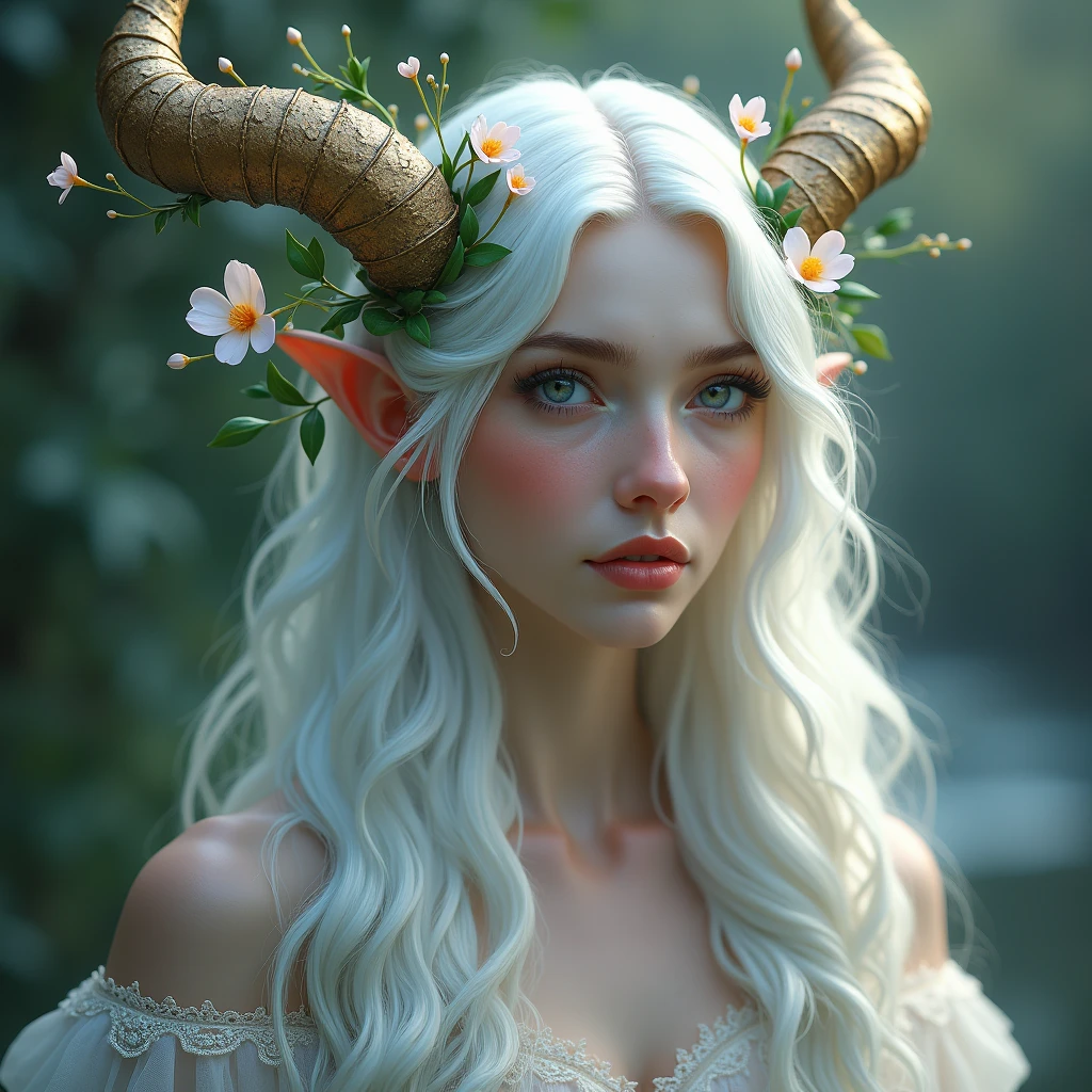 White hair, ฺฺBeautiful Lady, Elf, Have two horn that covered with vines and flowers, Fantacy Evening dress that looks like a Nymph, face turned sideways
