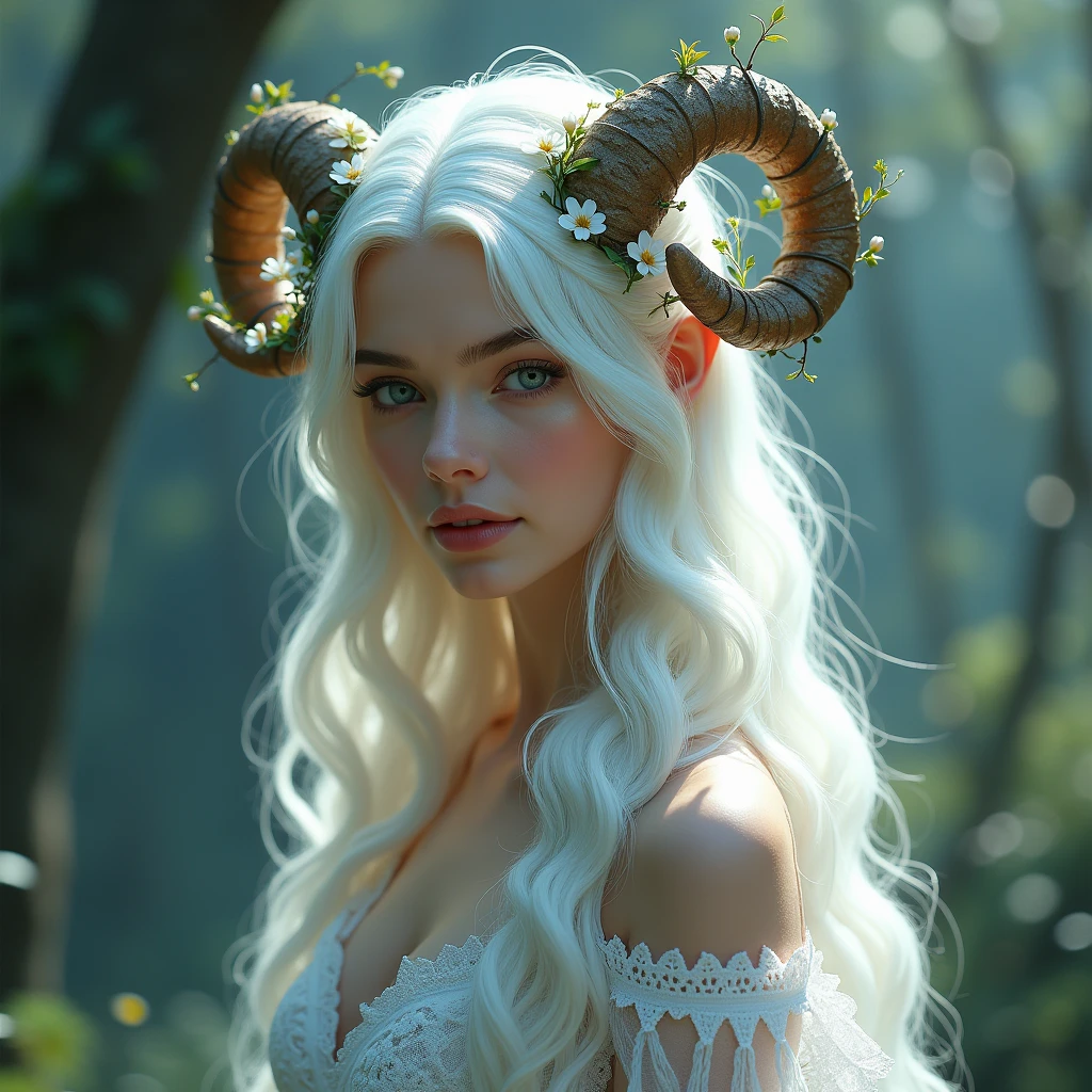 White hair, ฺฺBeautiful Lady, Elf, Have two horn that covered with vines and flowers, Fantacy Evening dress that looks like a Nymph, face turned sideways