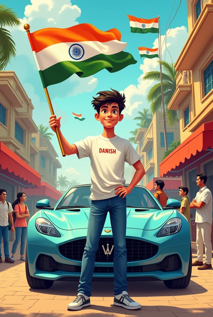 Illustration of an 18-year-old Indian boy standing next to a luxury car, holding the Indian flag high. The background features a colorful Indian street filled with children running with flags, vendors selling sweets, and a group of men chatting at a tea shop. The boy is wearing jeans and a white t-shirt with ‘DANISH’ on it, and the text ‘India First’ is written in 3D at the top.