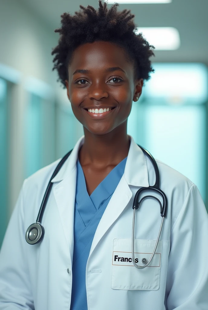 20 years old doctor  with a nametag  Francis but african