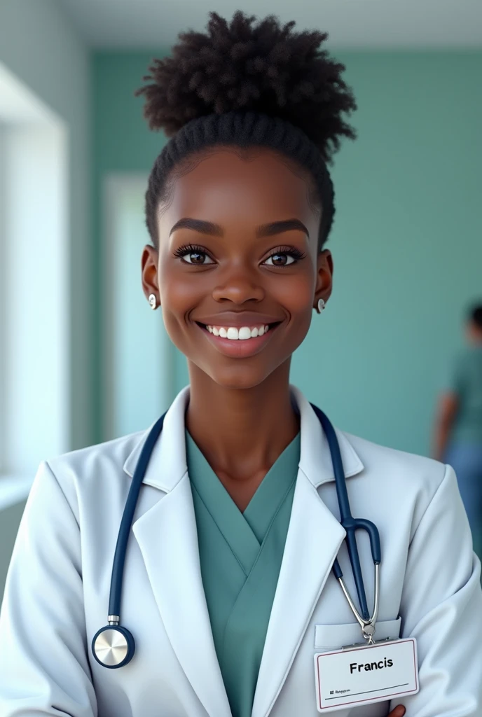 20 years old doctor  with a nametag  Francis but african