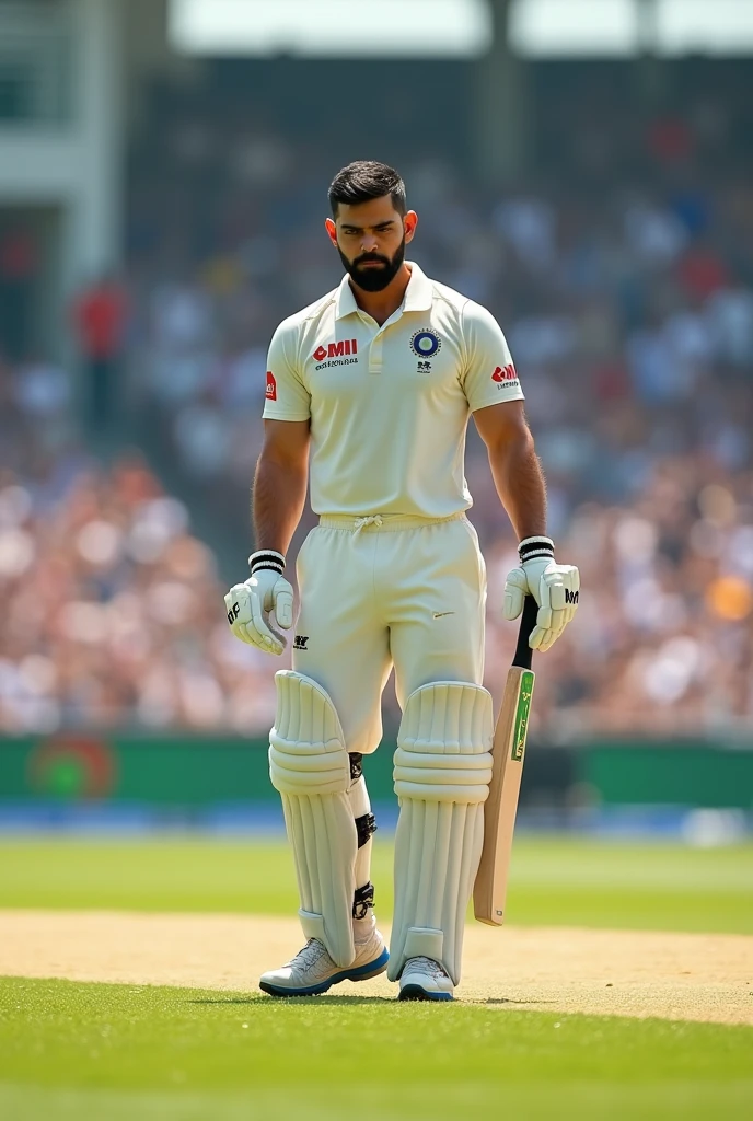 Generate an image of a virat kohli, athletic male cricket player. He should have a medium complexion with short black hair and a neatly trimmed beard. The player is wearing a plane white test jersey with no logo, holding a cricket bat, and standing on a cricket field with a stadium in the background. The scene should capture the intensity of a live match, with the player focused and ready to bat, under bright daylight, with a crowd of fans cheering in the background