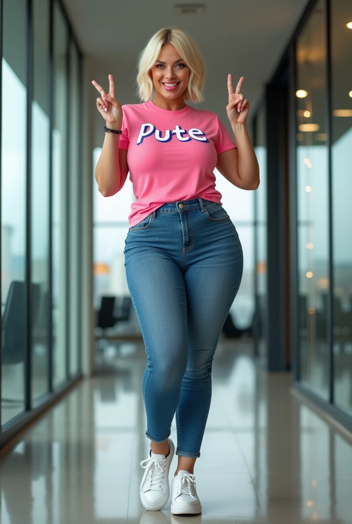 Real women, she is Blonde with short hair, she has an hourglass figure, she has a surreal, hentai-like physique, with exaggerated curves that showcase large buttocks and voluminous breasts and she is slim
in a modern office, with glass walls and contemporary decor
dressed in a vibrant pink t-shirt emblazoned with “Pute” in fun letters, adding a touch of lightness and humor to her look
figure-hugging skinny jeans, paired with white-heeled sneakers for a dynamic look
the camera captures her from head to toe, revealing her slender legs and casual yet fun style
smiling, she squints slightly, sticking out her tongue with a mischievous expression that evokes joy and confidence
making the “V” sign of peace with each of her hands, adding a playful dimension to her pose