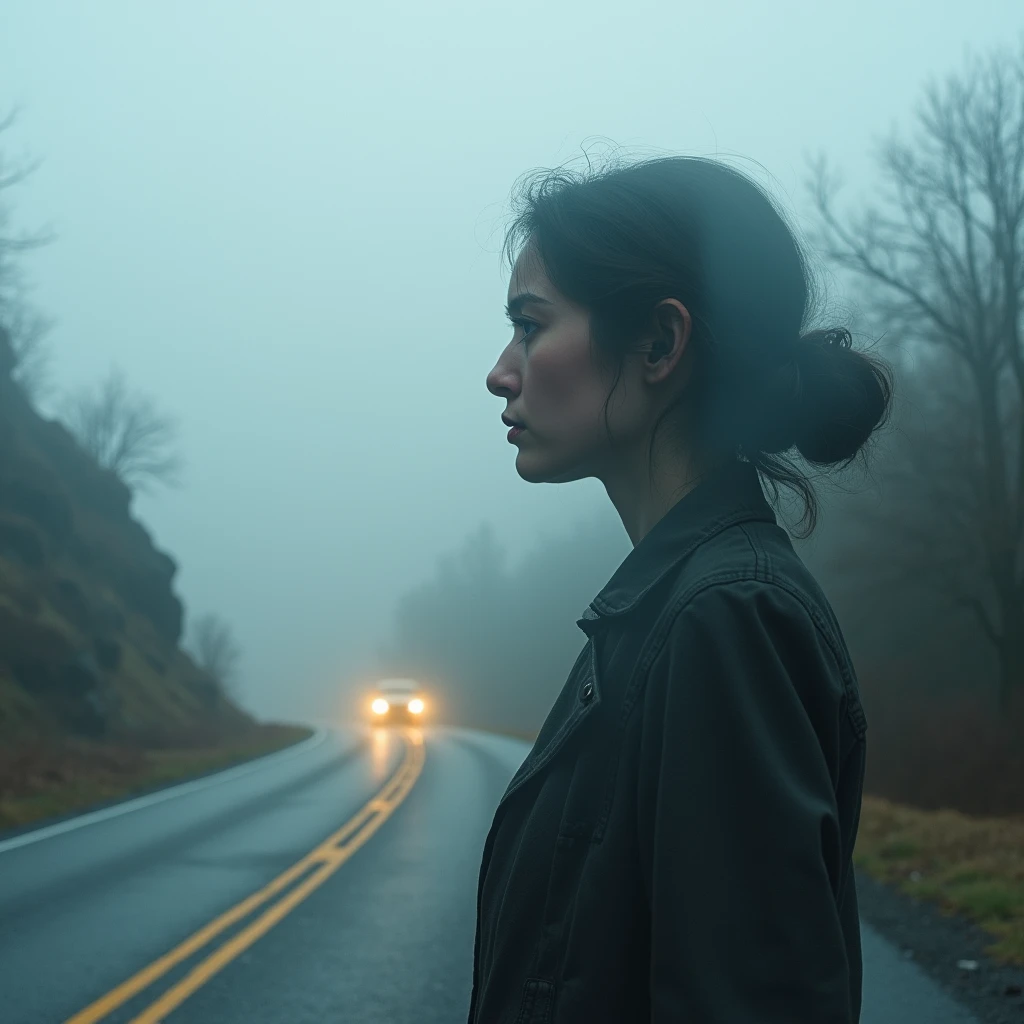 In the mountains in thick fog, a road, a median line, an old car, the weak light of headlights, multiple exposures of a sad woman profile,