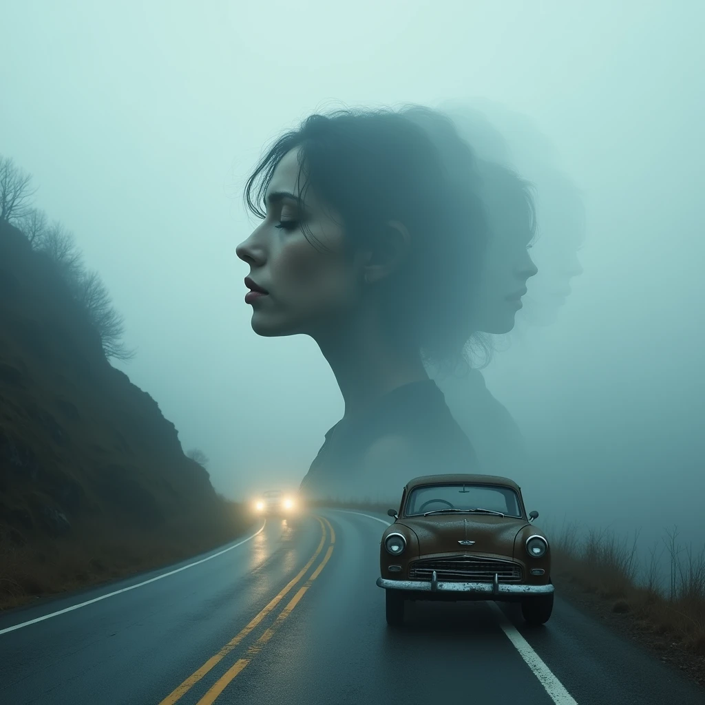 In the mountains in thick fog, a road, a median line, an old car, the weak light of headlights, multiple exposures of a sad woman profile,