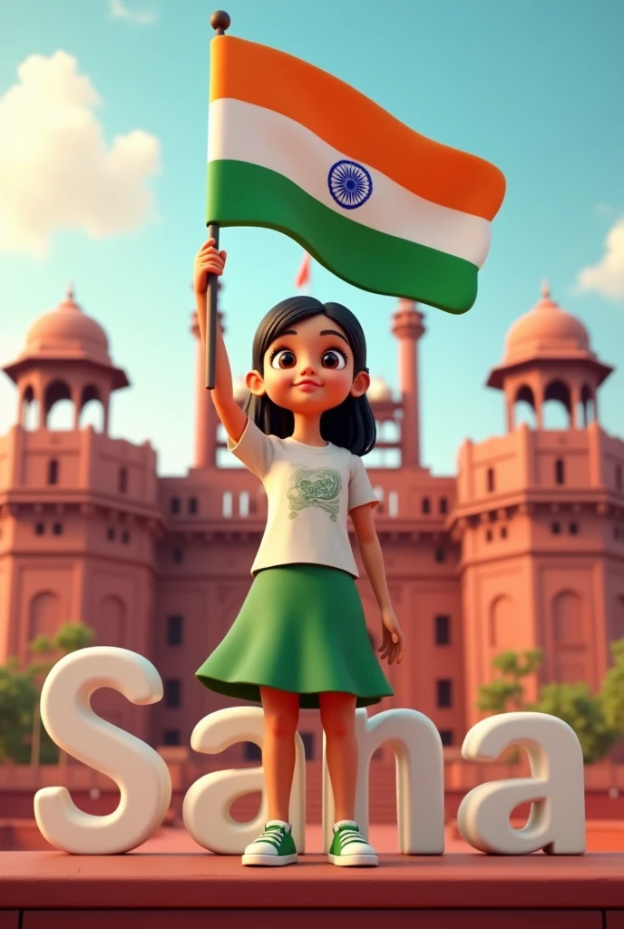 A girl holding the Indian flag proudly in one hand, standing in front of the Red Fort. On the side, the name 'Sana' is written in large, transparent letters, creating a patriotic and vibrant 3D scene ultra realistic photography hd 32K 