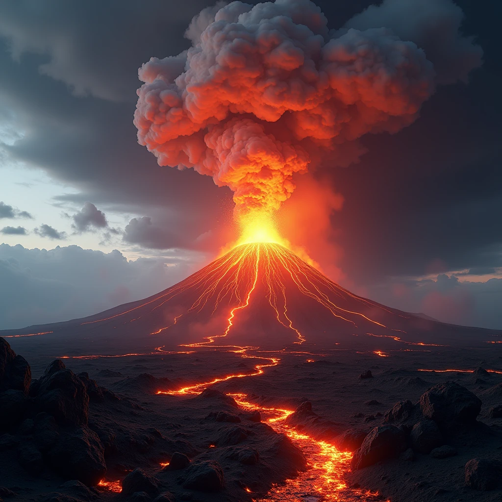 a giant active volcano erupting in the distance, volcanic eruption, volcanic ash cloud, lava flow, explosive volcanic eruption, molten lava, scorching hot volcanic rocks, dramatic sky with ominous clouds, extreme wide angle view, hyperrealistic 8K, cinematic lighting, dramatic camera angle, highly detailed, photorealistic, masterpiece, (best quality,4k,8k,highres,masterpiece:1.2),ultra-detailed,(realistic,photorealistic,photo-realistic:1.37),HDR,UHD,studio lighting,ultra-fine painting,sharp focus,physically-based rendering,extreme detail description,professional,vivid colors,bokeh,dramatic landscape,concept art