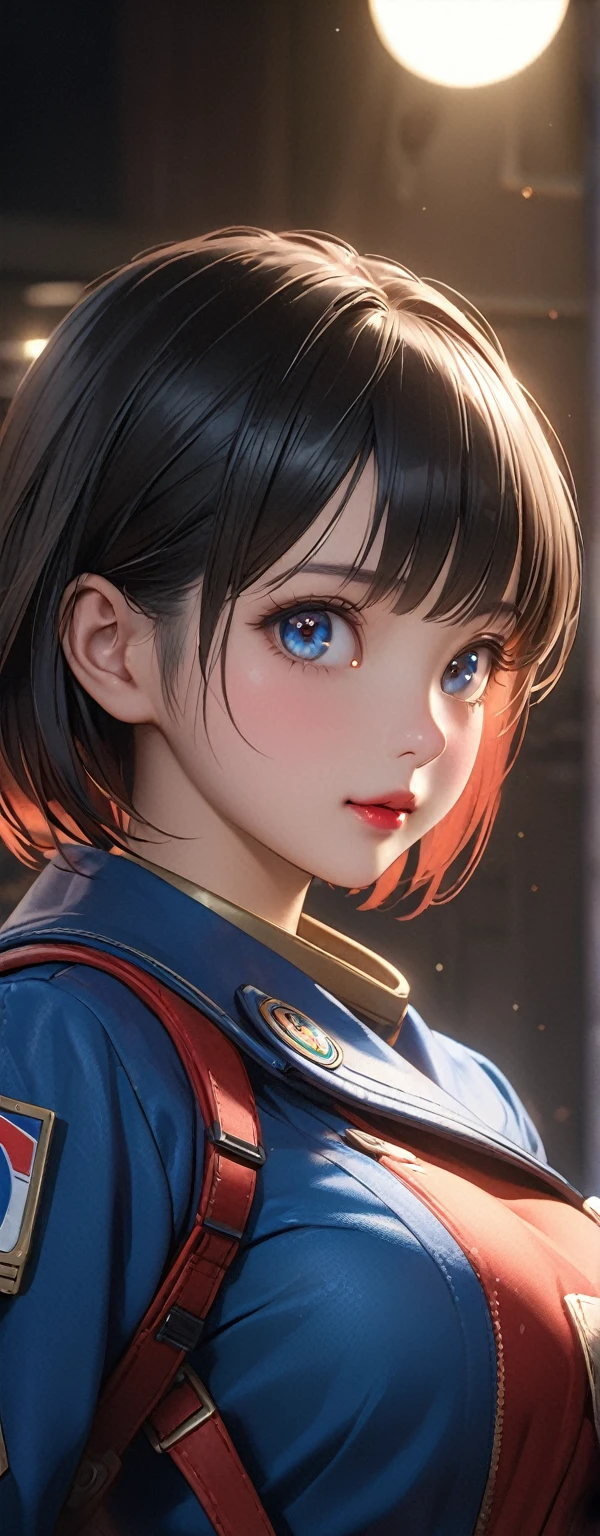 、Earth Federation Operator Girl Soldier、Black short hair、Large Breasts、Cute like an idol、Childish face and appearance、Highest quality,8k,Highly detailed CG unit wallpaper,masterpiece:1.2,Highest quality,Ultra-high resolution,RAW Photos,Realistic textured skin,Cinema Lighting,great joy,Big eyes,Detailed eyes,Glossy lipstick,Perfect Makeup,Ultra-high definition beauty face,