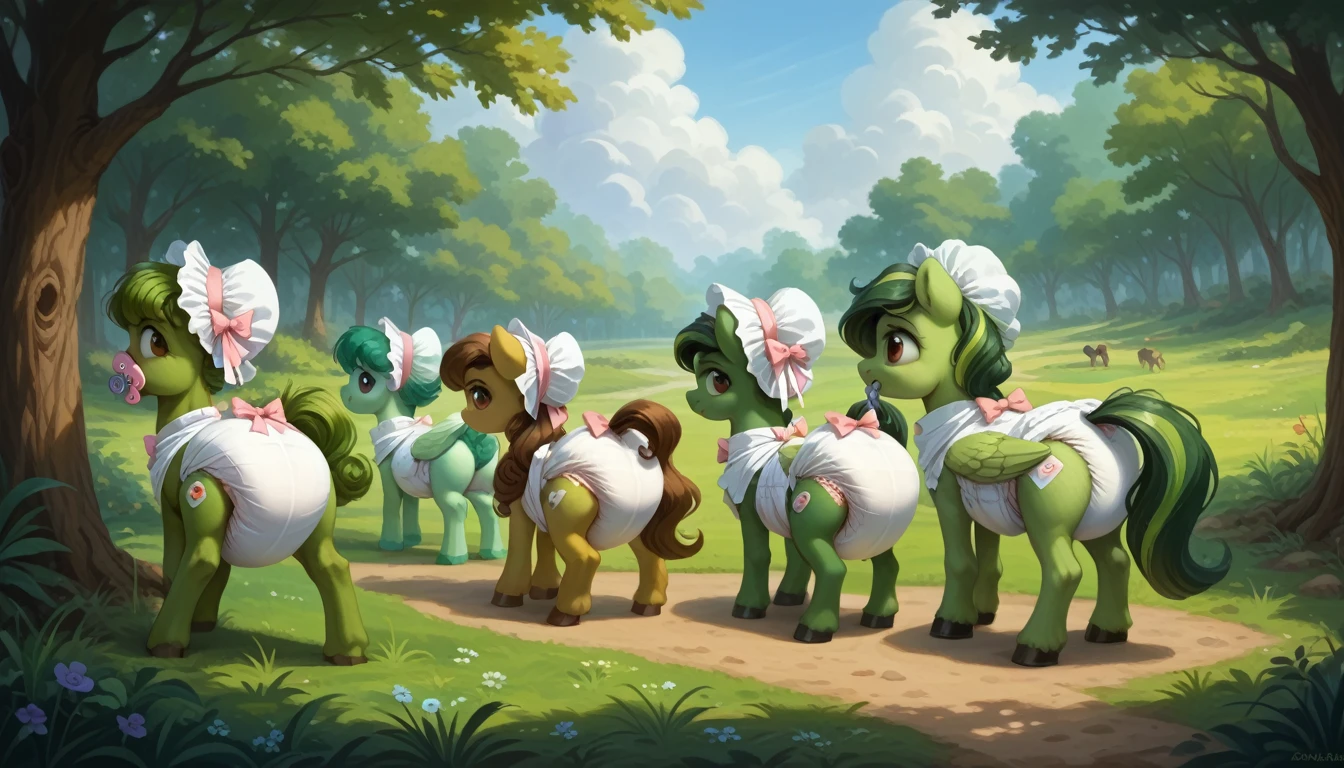 pony, Pegasus, adult filly, emerald green fur, a lush mane, gathered in a bonnet, a fluffy tail with a bow, stands on four hooves, rear hooves spread wide apart, dressed in a bodysuit and booties, pacifier in mouth, solo, thick diaper under clothes, bulge on the back of the diaper, between the hind hooves and on the front of the diaper, saggy diaper.